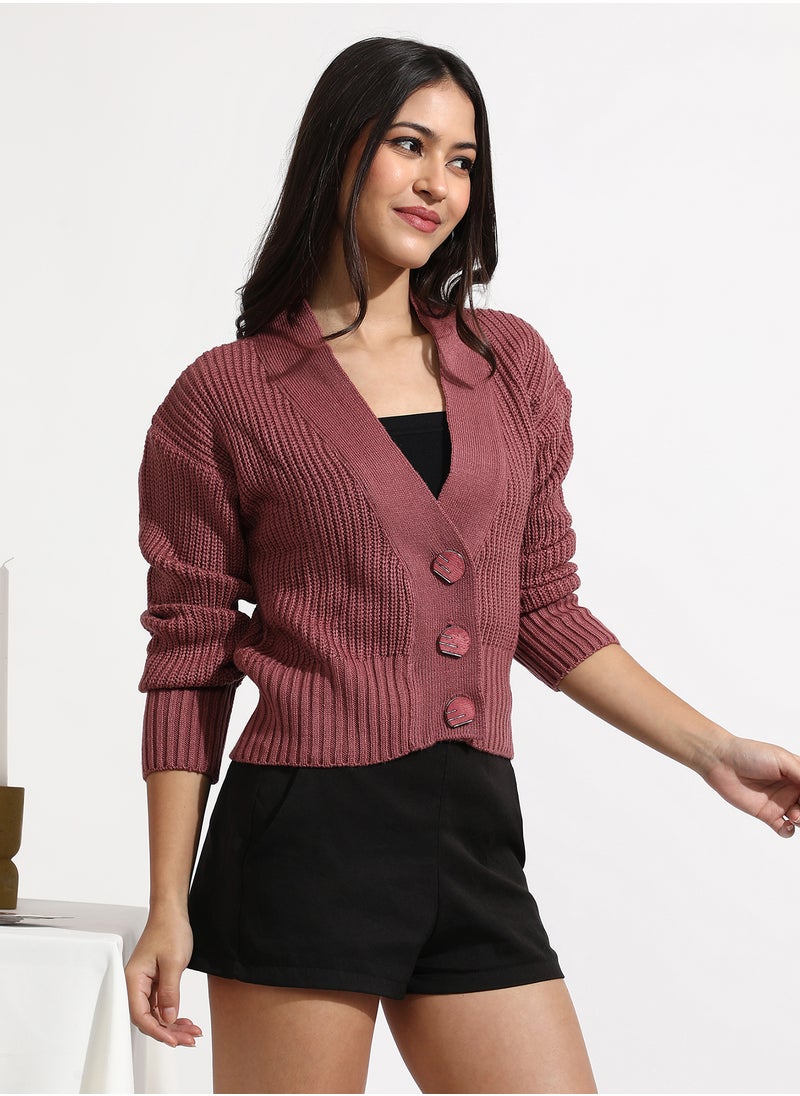 Women's Blush Pink Solid Ribbed Cropped Cardigan