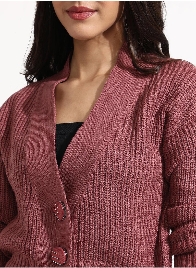 Women's Blush Pink Solid Ribbed Cropped Cardigan