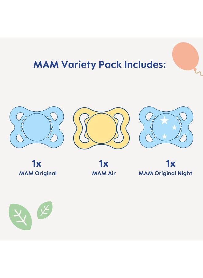 MAM Variety Pack Baby Pacifier, Includes 3 Types of Pacifiers, Shape Helps Promote Healthy Oral Development, 0-6 Months, Girl, 3 Count (Pack of 1)