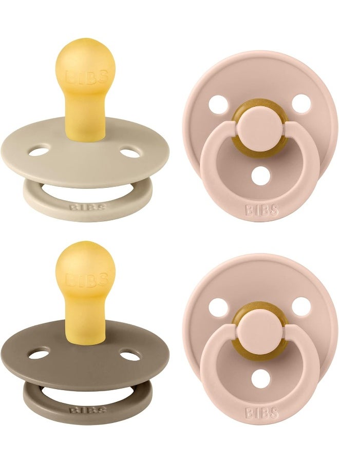 BIBS Colour Soother 4-Pack, BPA Free Dummy Pacifier, Round Nipple. Natural Rubber Latex, Made in Denmark. 0-6 Months (Pack of 2), Baby Blush Colours