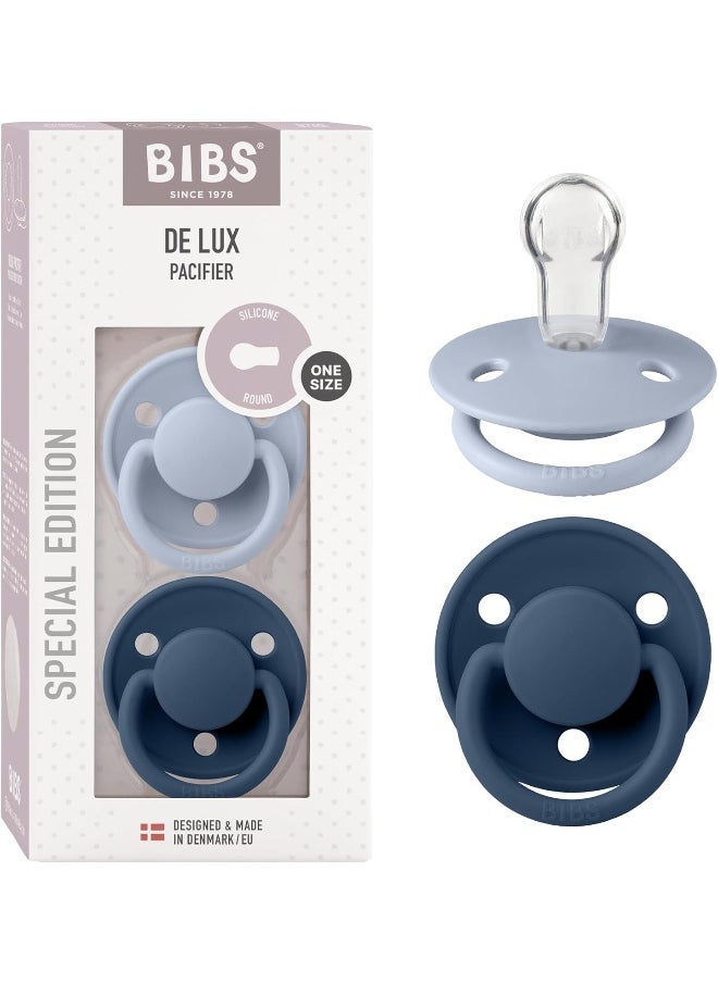 BIBS De Lux Soother 2-Pack, BPA Free Dummy Pacifier, Round Nipple. Silicone, Made in Denmark. 0-36 Months (Pack of 2), Dusty Blue/Steel Blue