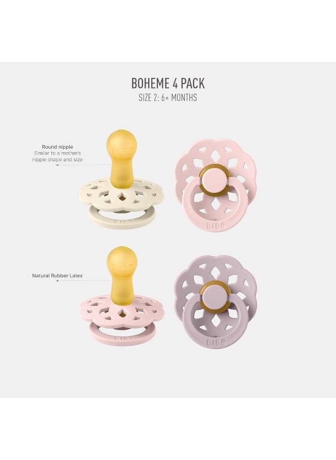 BIBS Boheme Soother 4-Pack | BPA Free Dummy Pacifier | Round Nipple | Natural Rubber Latex | Made in Denmark | Size 6-18 Months | Blossom Mix