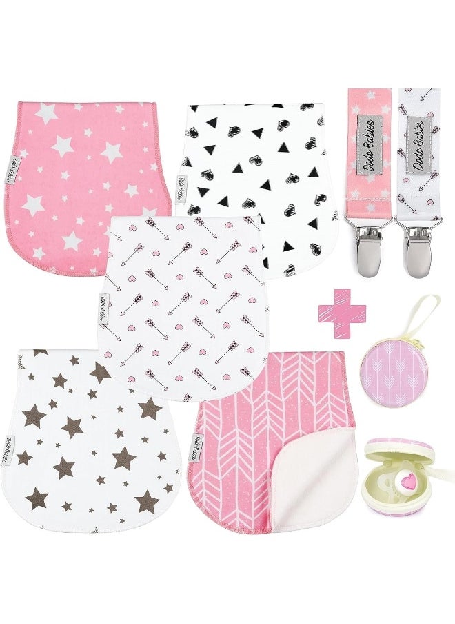 Dodo Babies Baby Burp Cloths Pack of 5 2 Pacifier Clips + Pacifier Case Premium Quality For Girls Soft and Absorbent Excellent Baby Shower/Registry Gift