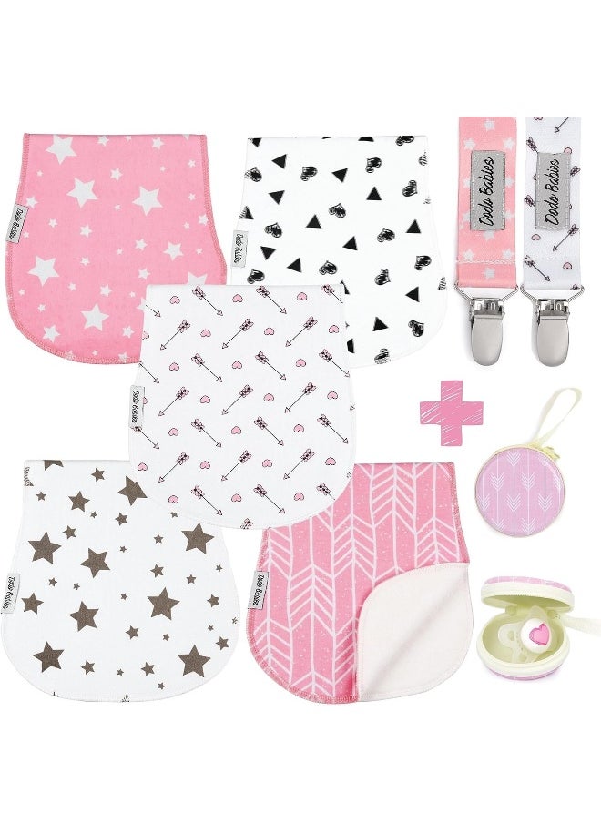 Dodo Babies Baby Burp Cloths Pack of 5 2 Pacifier Clips + Pacifier Case Premium Quality For Girls Soft and Absorbent Excellent Baby Shower/Registry Gift