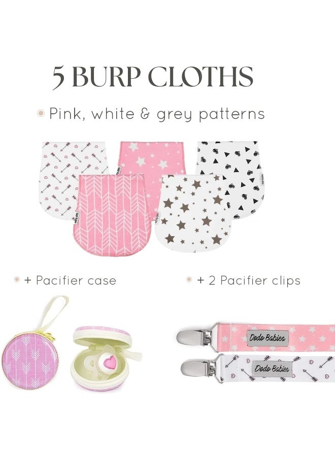 Dodo Babies Baby Burp Cloths Pack of 5 2 Pacifier Clips + Pacifier Case Premium Quality For Girls Soft and Absorbent Excellent Baby Shower/Registry Gift