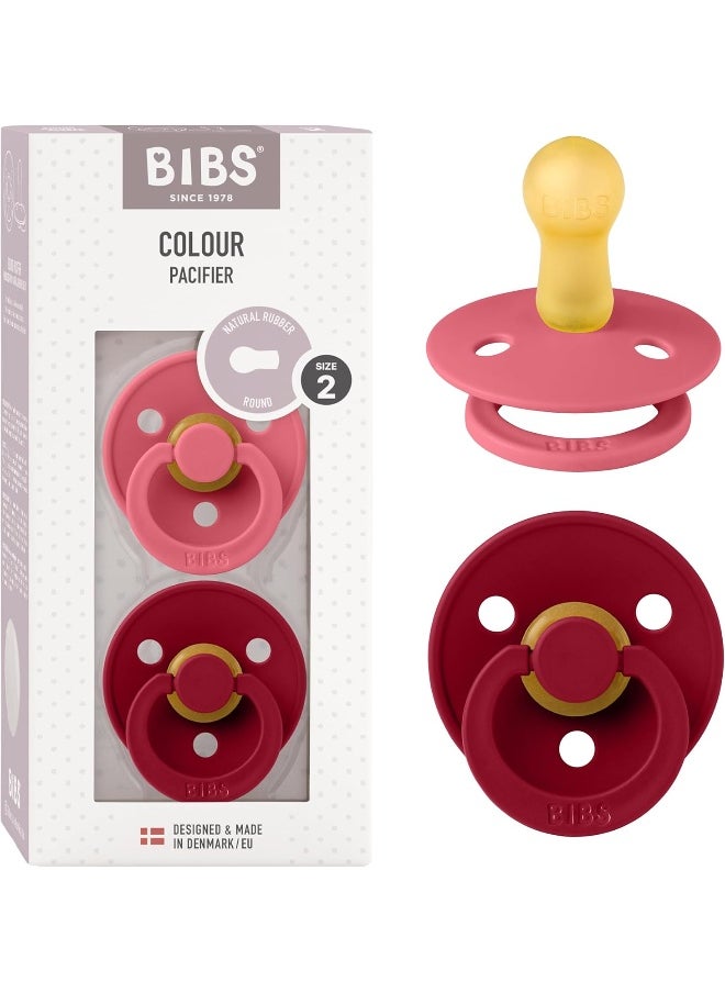 BIBS Colour Soother 2-Pack, BPA Free Dummy Pacifier, Round Natural Rubber Latex, Size 2 (6-18 Months), Coral/Ruby