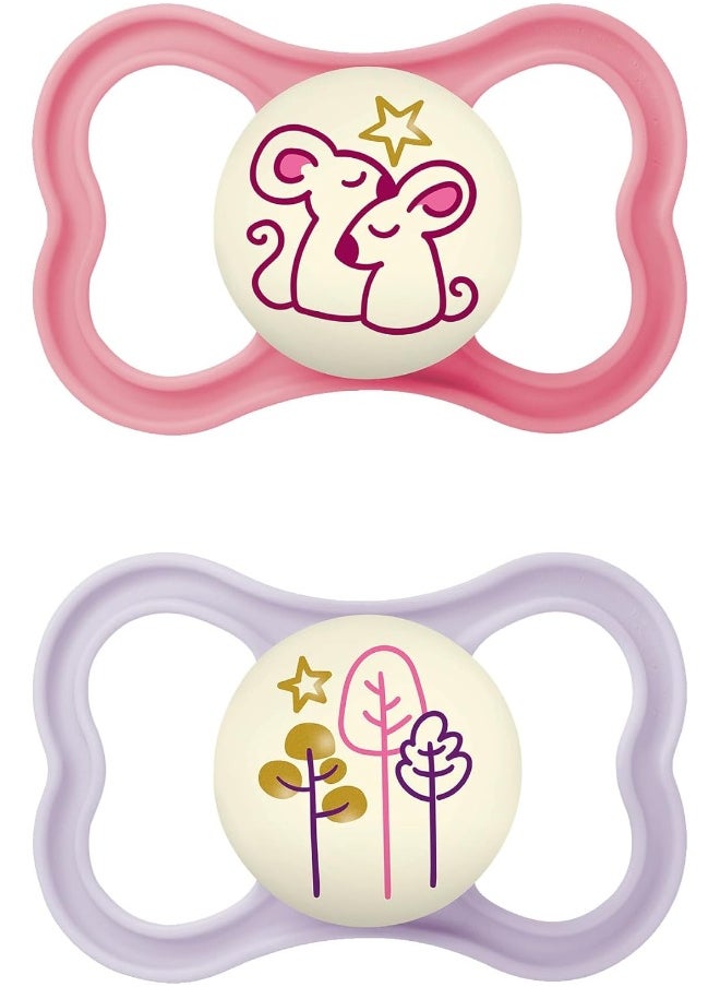 MAM Air Night Baby Pacifier, for Sensitive Skin, Glows in The Dark, 2 Pack, 6-16 Months, Girl, Designs May Vary