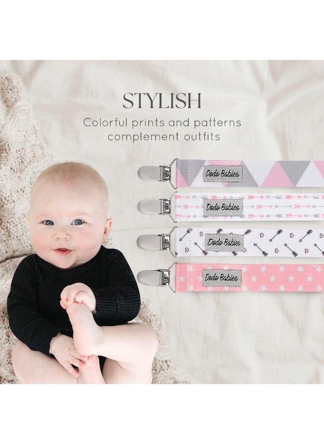 Dodo Babies Pacifier Clip Set - Four Clips Plus Binky Case - Universal Holder Fits Most Paci Brands, Teether Toys and Car Seats - Pink and Gray Prints for Girls or Boys