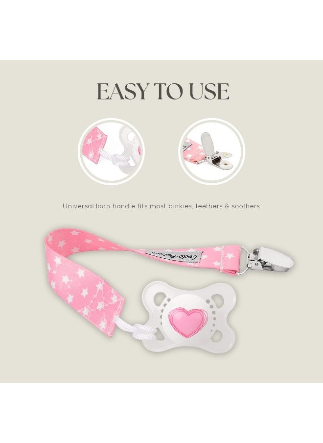 Dodo Babies Pacifier Clip Set - Four Clips Plus Binky Case - Universal Holder Fits Most Paci Brands, Teether Toys and Car Seats - Pink and Gray Prints for Girls or Boys
