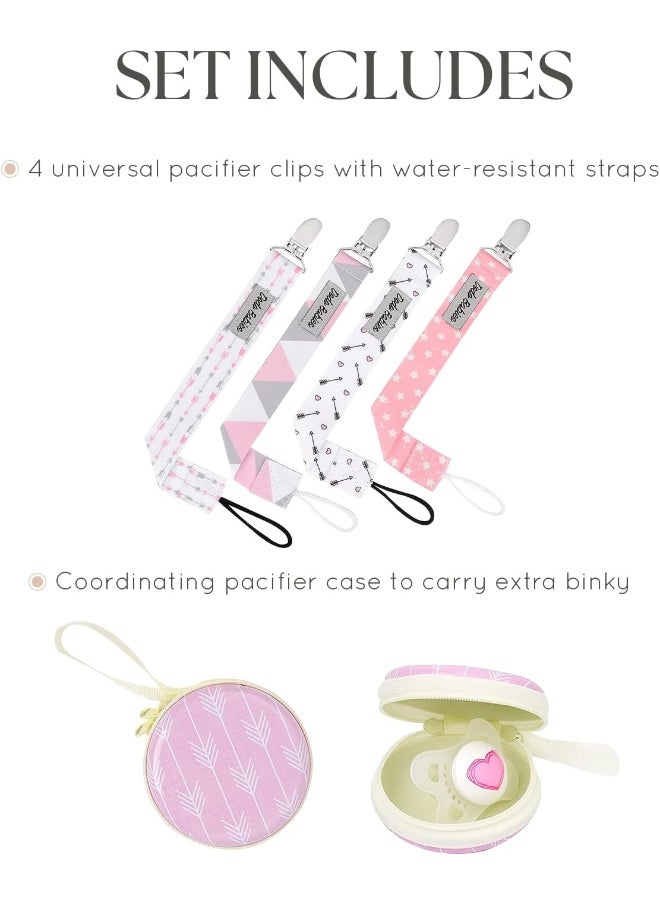 Dodo Babies Pacifier Clip Set - Four Clips Plus Binky Case - Universal Holder Fits Most Paci Brands, Teether Toys and Car Seats - Pink and Gray Prints for Girls or Boys