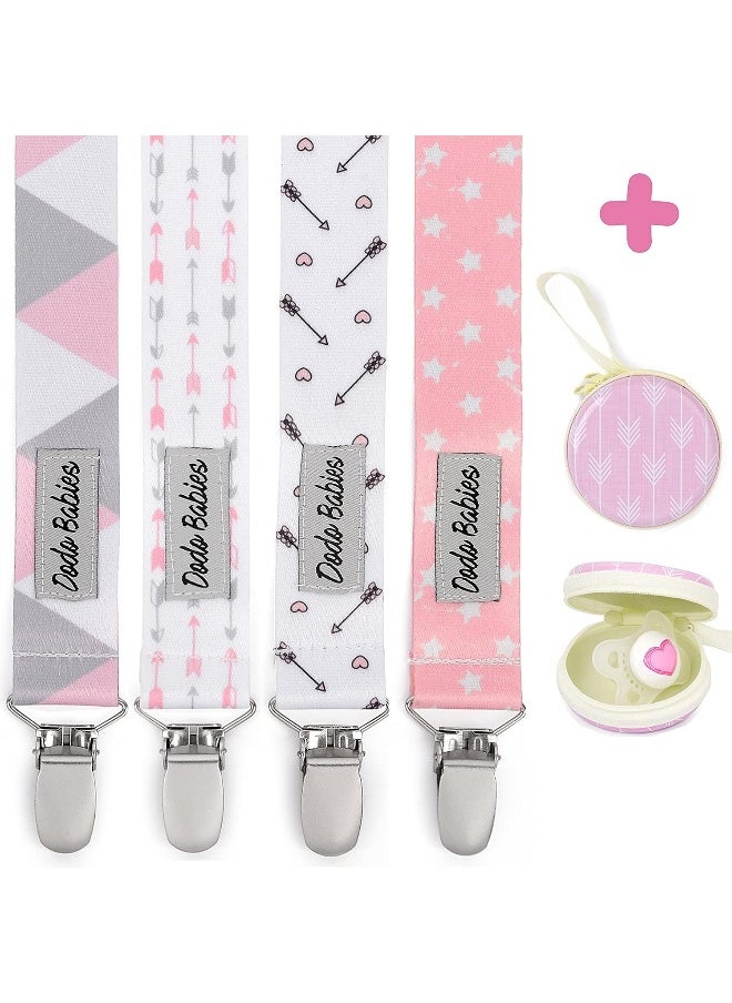 Dodo Babies Pacifier Clip Set - Four Clips Plus Binky Case - Universal Holder Fits Most Paci Brands, Teether Toys and Car Seats - Pink and Gray Prints for Girls or Boys