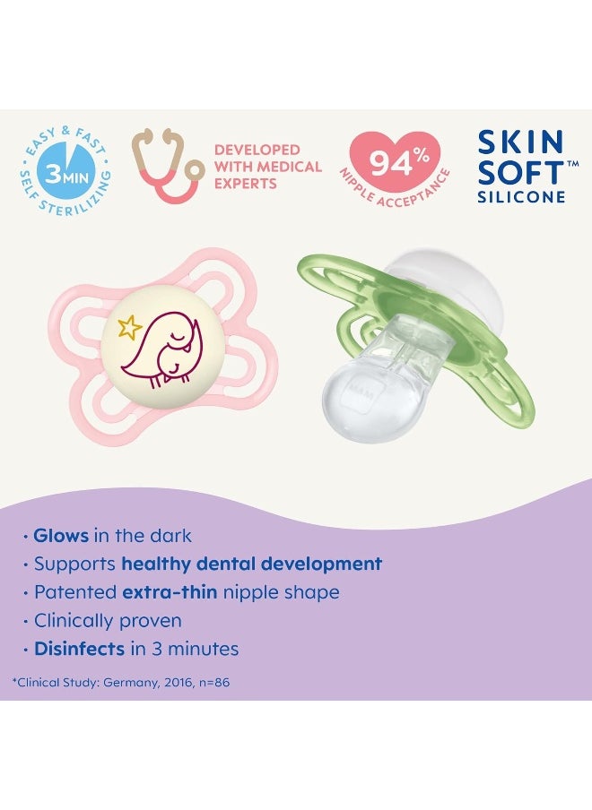 MAM Perfect Night Baby Pacifier, Patented, Glows in the Dark, 0-6 Months, Girl, 2 Count (Pack of 1)