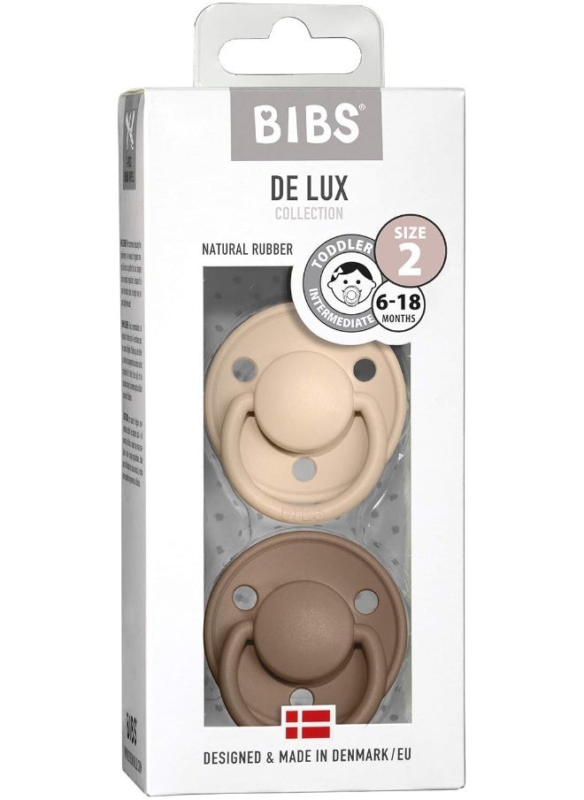 BIBS De Lux Soother 2-Pack, BPA Free Dummy Pacifier, Round Natural Rubber Latex, Size 2 (6-18 Months), Vanilla/Dark Oak
