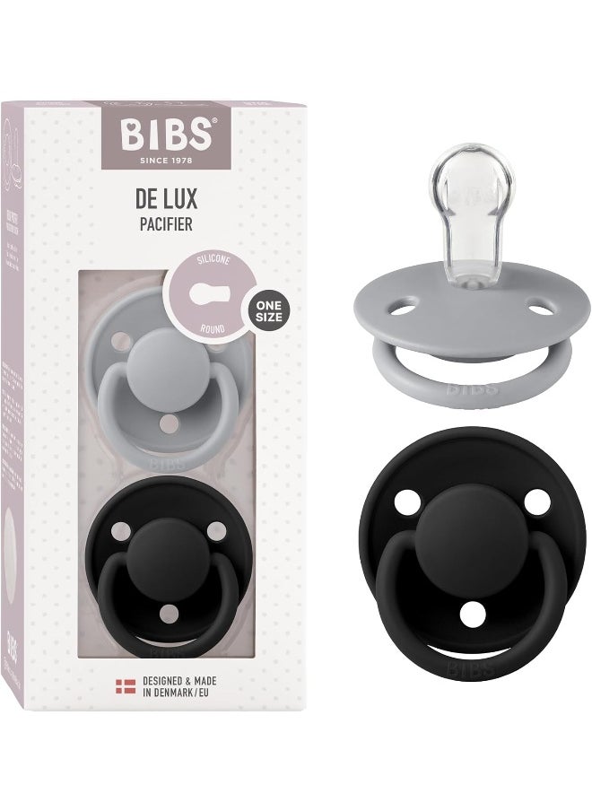 BIBS De Lux Soother 2-Pack, BPA Free Dummy Pacifier, Round Silicone, OneSize (0-36 Months), Cloud/Black