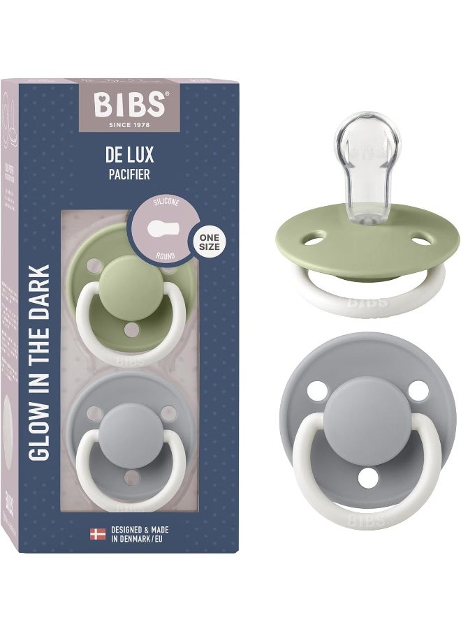 BIBS De Lux Soother 2-Pack, BPA Free Dummy Pacifier, Round Silicone, OneSize (0-36 Months), Sage Night/Cloud Night