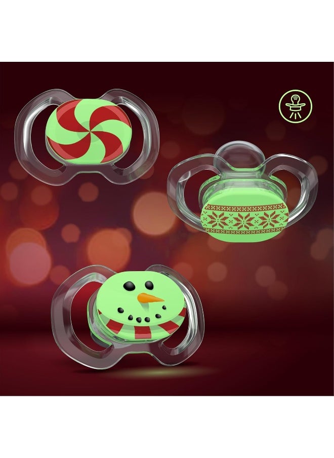 Smilo Baby Pacifier - 3 Pack of Slimline Pacifiers for Babies - Stage 3 for Babies 9+ Months - 100% Silicone Newborn Pacifiers BPA Free - Glow in The Dark - Winter Edition