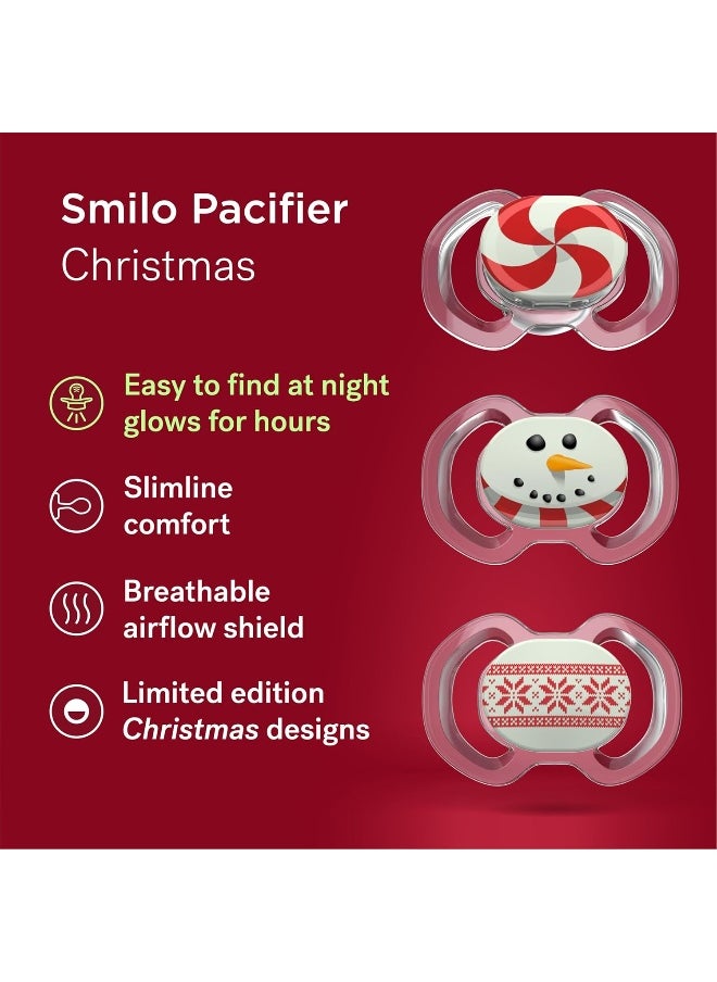Smilo Baby Pacifier - 3 Pack of Slimline Pacifiers for Babies - Stage 3 for Babies 9+ Months - 100% Silicone Newborn Pacifiers BPA Free - Glow in The Dark - Winter Edition