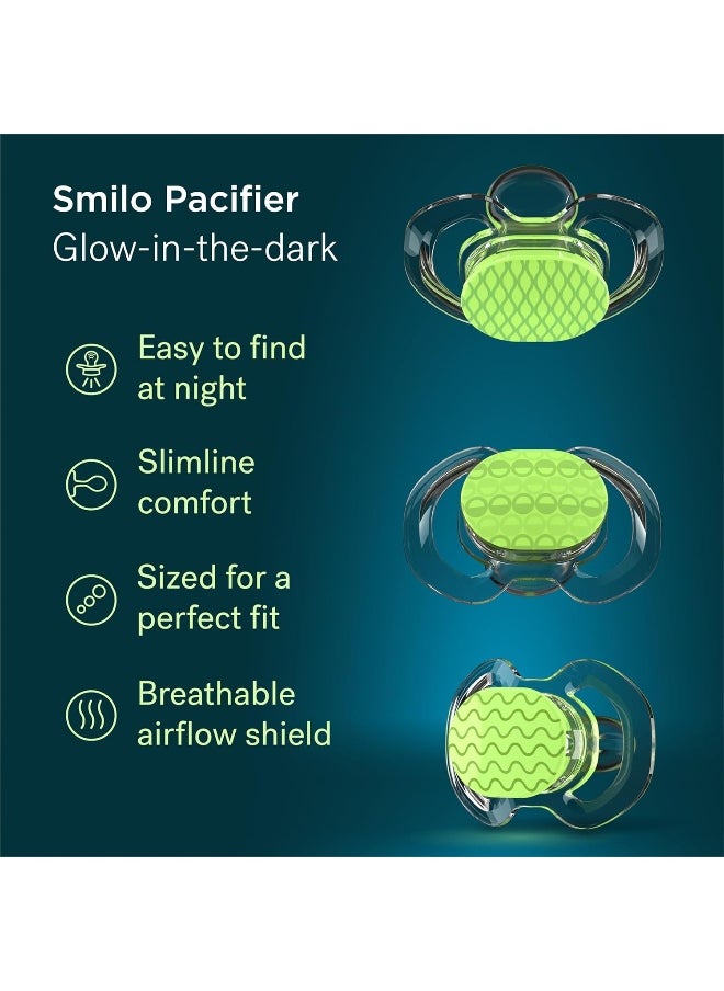 Smilo Baby Pacifier with Orthodontic Design for Healthy Dental Development - Stage 3 for Babies 9+ Months - Pack of 3X 100% Silicone Pacifiers BPA Free - Glow-in-The-Dark