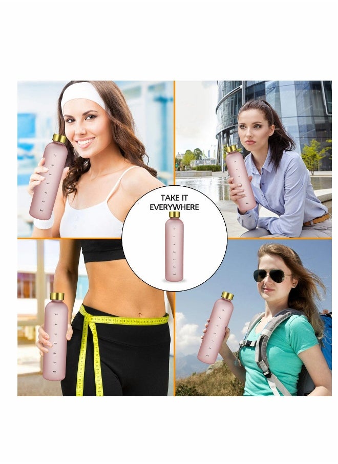 Water Bottle with Time Marker, 32oz 1 Liter, BPA Free Frosted Plastic, Portable Reusable Fitness Sport