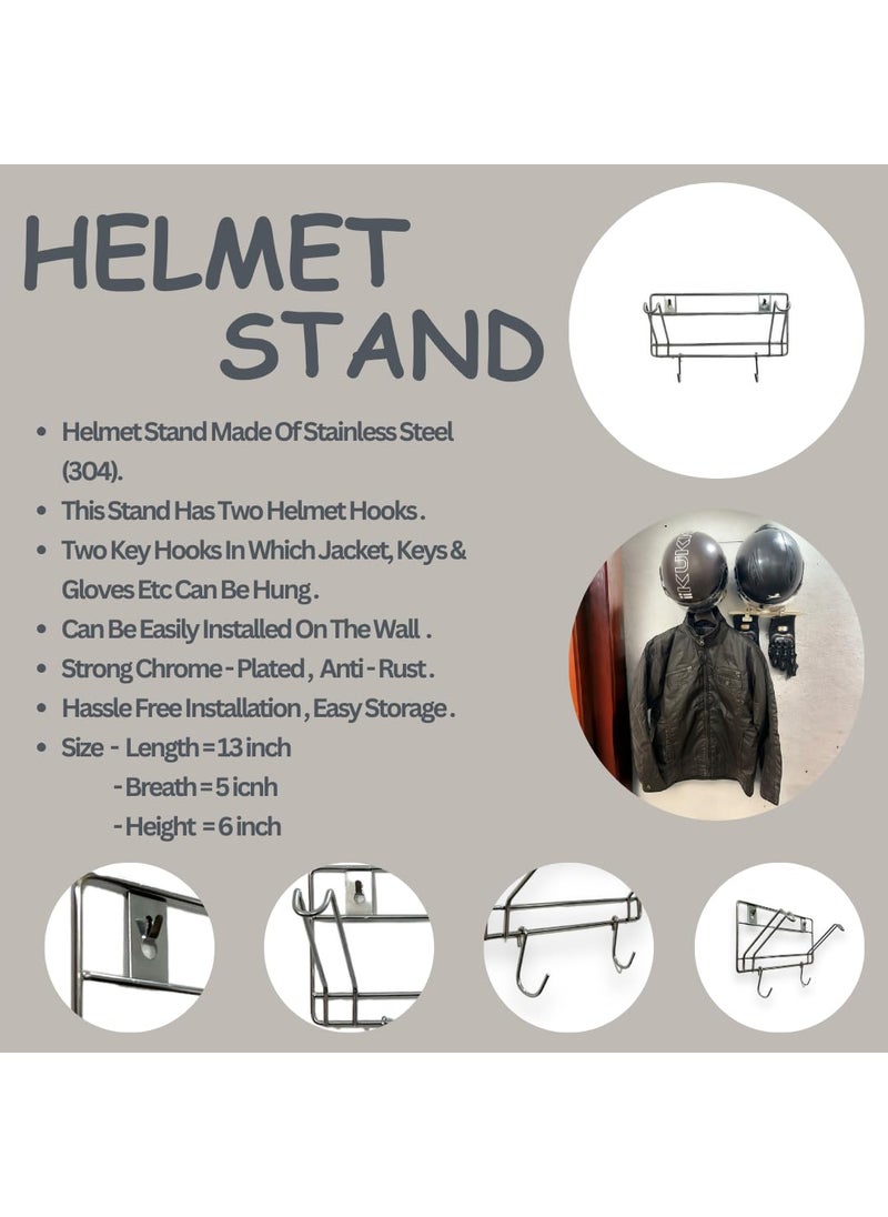 HMTradelink Motorcycle 2 Helmet Holder with Key Holder for Home Office GarageWall Mount Multipurpose Stainless Steel