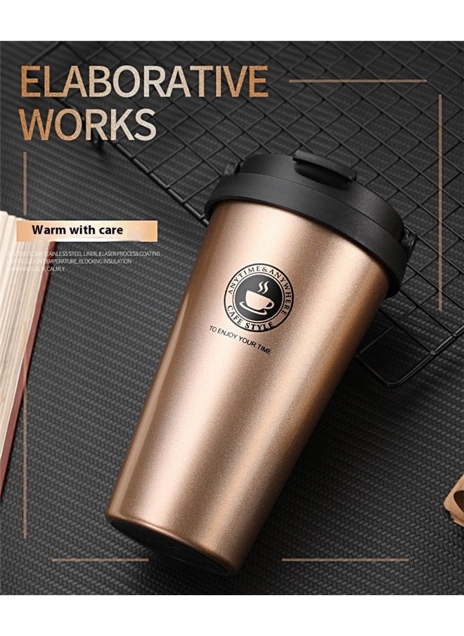 Vacuum Insulated Coffee Mug Gold 500ml， Stainless Steel Double Wall Vacuum Insulated Travel Coffee Mug Portable Thermal Cup,Wide Mouth Tumbler with Leak Proof Lid