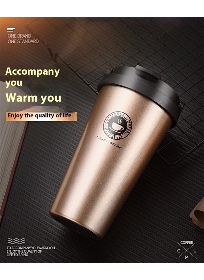 Vacuum Insulated Coffee Mug Gold 500ml， Stainless Steel Double Wall Vacuum Insulated Travel Coffee Mug Portable Thermal Cup,Wide Mouth Tumbler with Leak Proof Lid