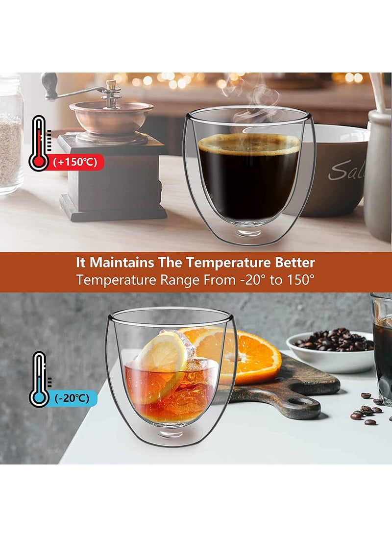 KELVEE Double Wall Glass Coffee Mugs Set of 2 250ml Without Handle Insulated Glass Coffee Mug Without Handle Clear Coffee Mugs 2
