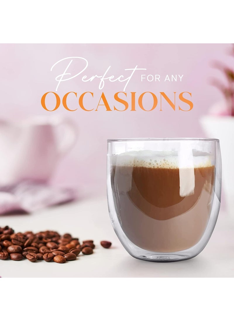 KELVEE Double Wall Glass Coffee Mugs Set of 2 250ml Without Handle Insulated Glass Coffee Mug Without Handle Clear Coffee Mugs 2
