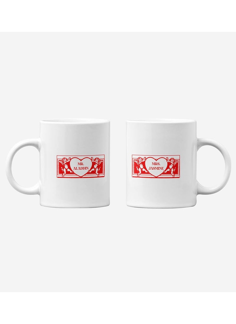 NeviCollections Mr AladdinMrs Jasmine Printed Couple 250ml Ceramic Coffee Mugs