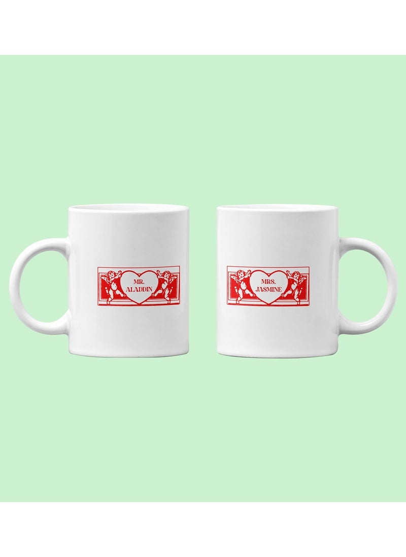 NeviCollections Mr AladdinMrs Jasmine Printed Couple 250ml Ceramic Coffee Mugs