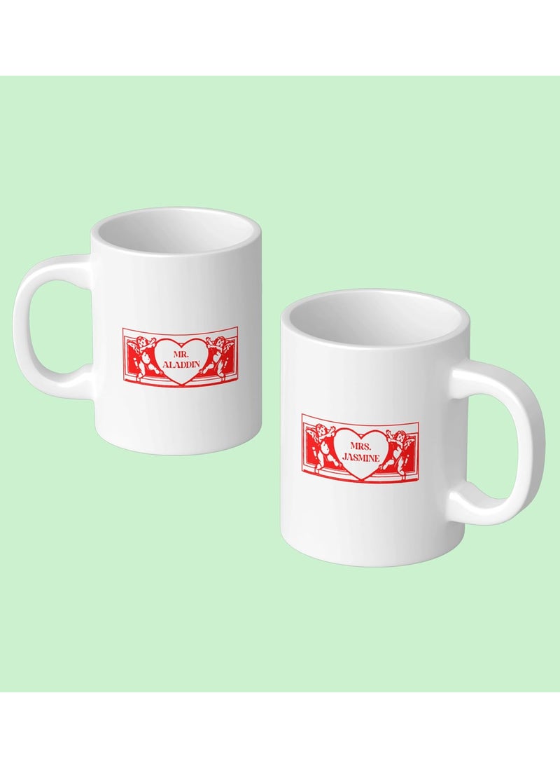 NeviCollections Mr AladdinMrs Jasmine Printed Couple 250ml Ceramic Coffee Mugs