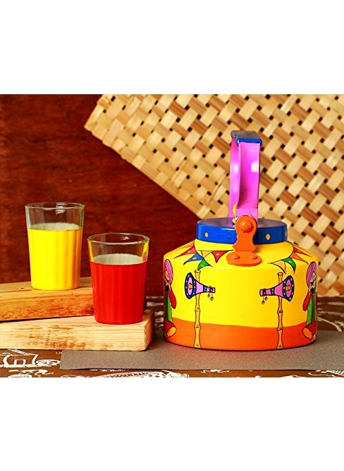 A Krazy Mug Handmade Colourful Dcorative Traditional Punjabi Couple Theme Design Desi Tea Chai Aluminium Kettle with Matching Print Glass Set 125 L