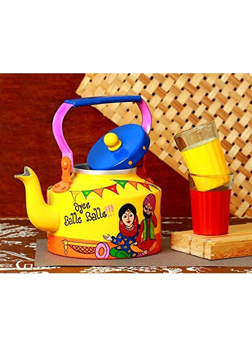 A Krazy Mug Handmade Colourful Dcorative Traditional Punjabi Couple Theme Design Desi Tea Chai Aluminium Kettle with Matching Print Glass Set 125 L