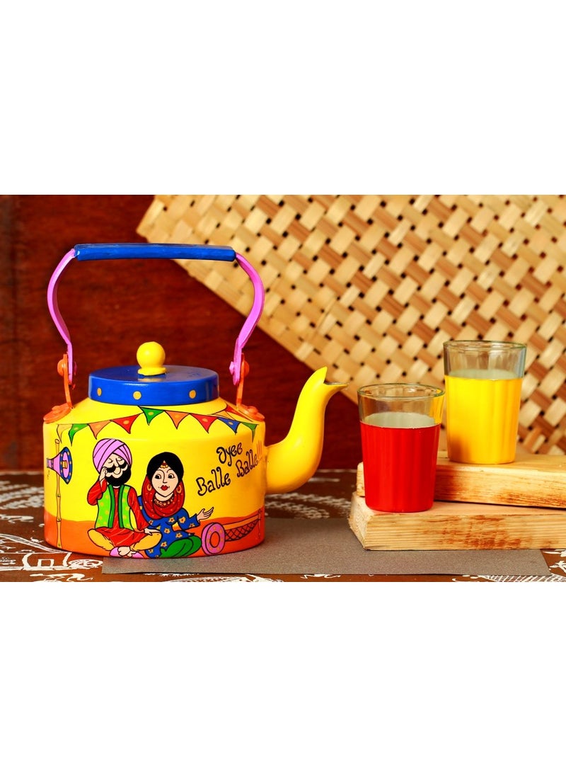 A Krazy Mug Handmade Colourful Dcorative Traditional Punjabi Couple Theme Design Desi Tea Chai Aluminium Kettle with Matching Print Glass Set 125 L