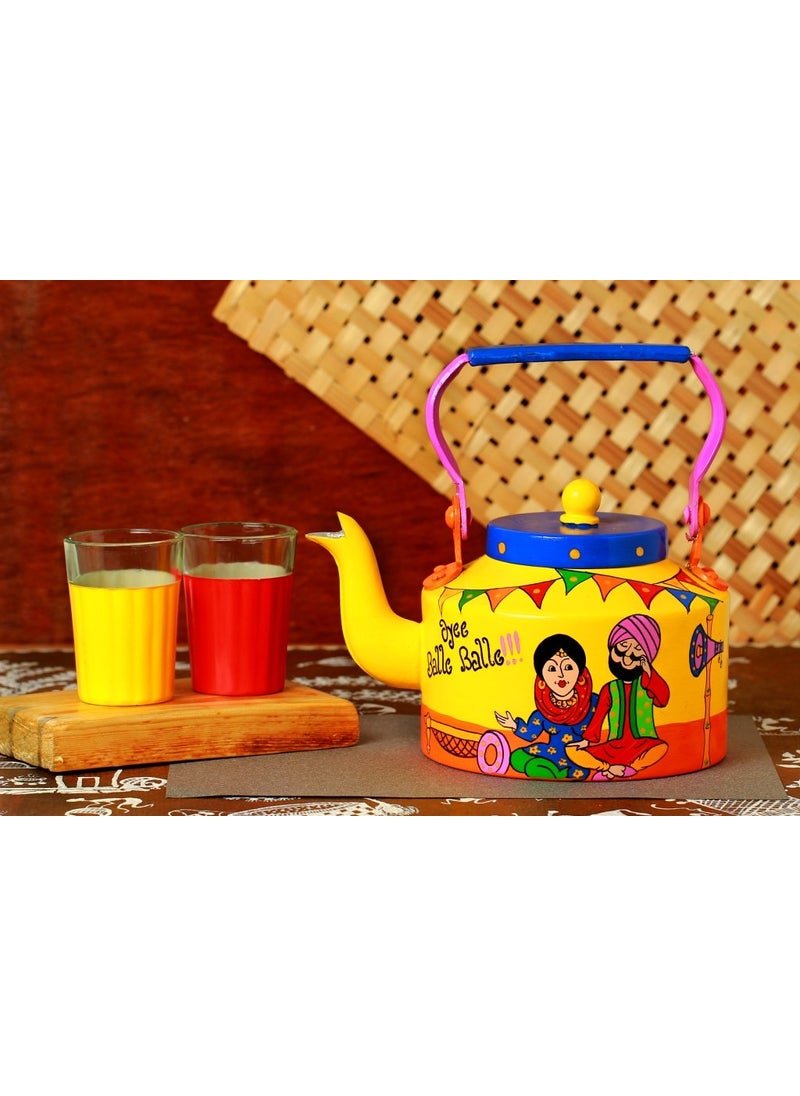 A Krazy Mug Handmade Colourful Dcorative Traditional Punjabi Couple Theme Design Desi Tea Chai Aluminium Kettle with Matching Print Glass Set 125 L
