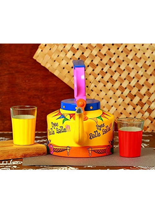 A Krazy Mug Handmade Colourful Dcorative Traditional Punjabi Couple Theme Design Desi Tea Chai Aluminium Kettle with Matching Print Glass Set 125 L