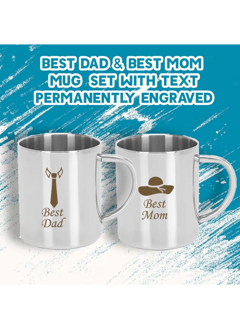 Savri Personalized Stainless Steel Coffee Mug with Dad Mom with Tie Hat Symbol Engraved for Couple for Mom and Dad for Parents for Birthday Anniversary 220 ml