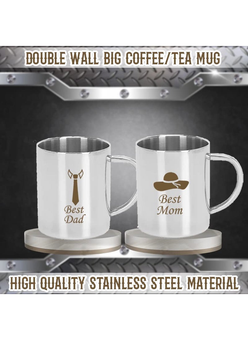 Savri Personalized Stainless Steel Coffee Mug with Dad Mom with Tie Hat Symbol Engraved for Couple for Mom and Dad for Parents for Birthday Anniversary 220 ml
