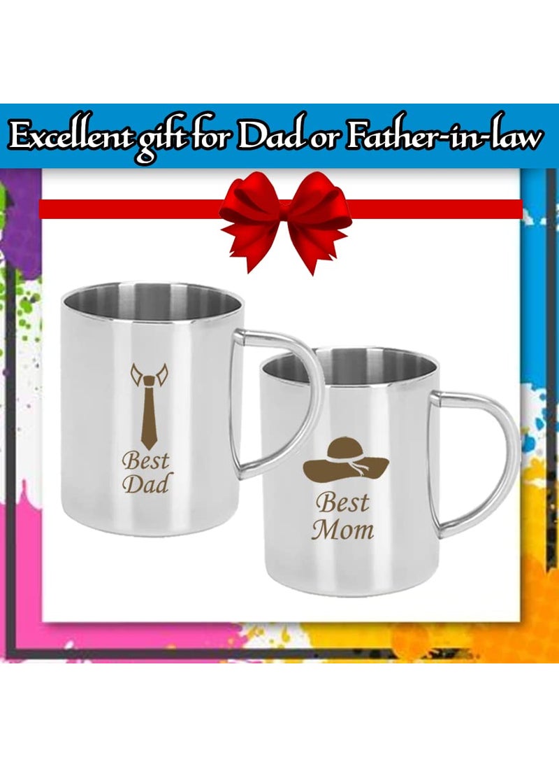 Savri Personalized Stainless Steel Coffee Mug with Dad Mom with Tie Hat Symbol Engraved for Couple for Mom and Dad for Parents for Birthday Anniversary 220 ml