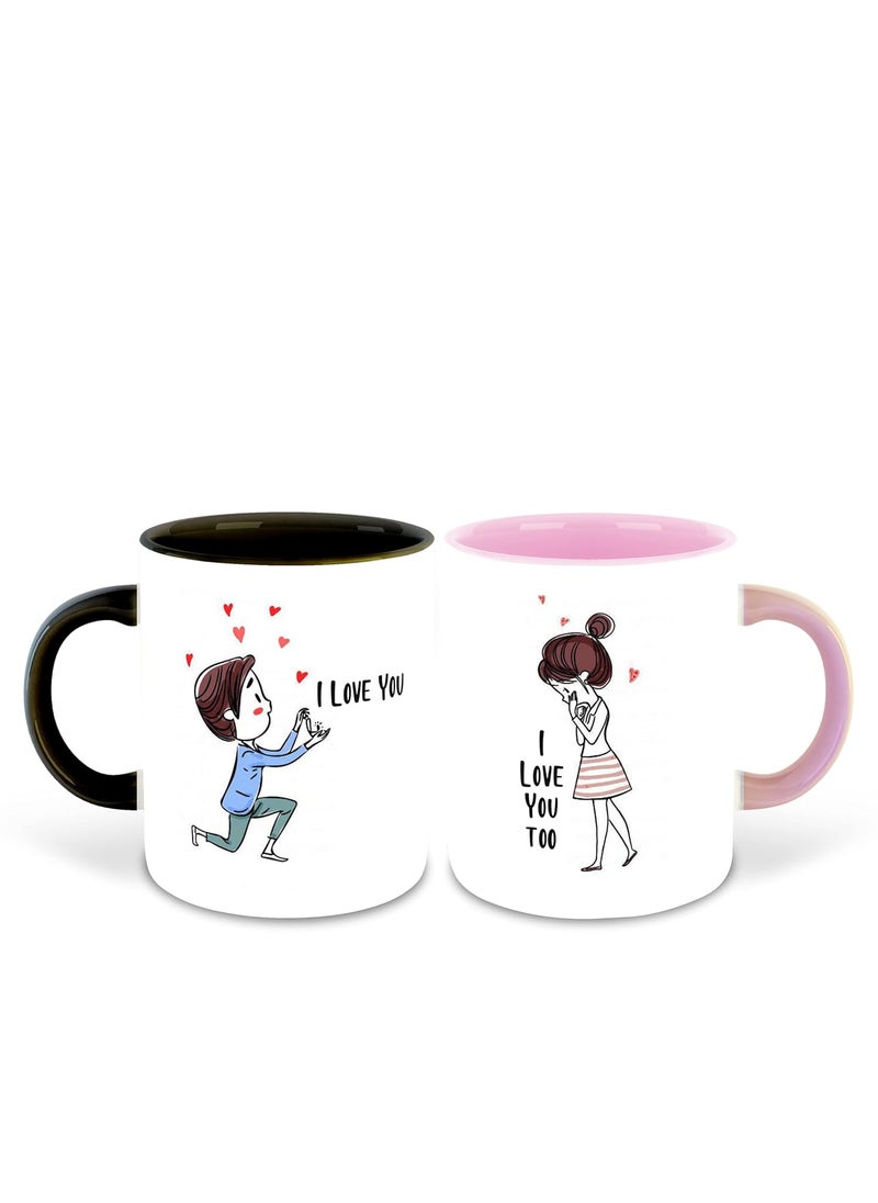 DecorVecor Couple Inspired Black and Pink Inner Colour Set of 2 Printed Ceramic Coffee Mug Gift for Boyfriend Gift for Girlfriend Best Gift for Couple Valentine Gifts Design 1
