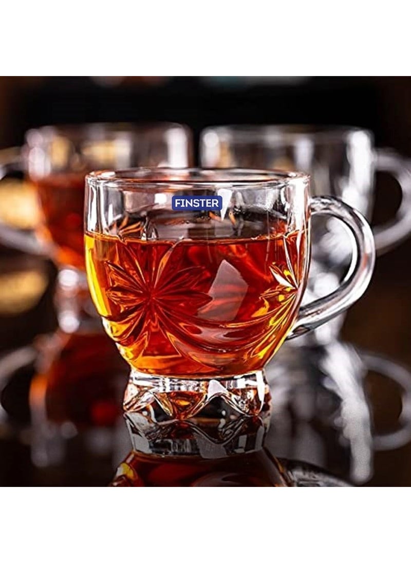 FINSTER Glass Tea Mugs Set of 6150ml Transparent Flower Design Coffee Cups with Handle for Cappuccino Latte Chia Iced Tea or Hot and Cold Beverages Perfect for Home Restaurants