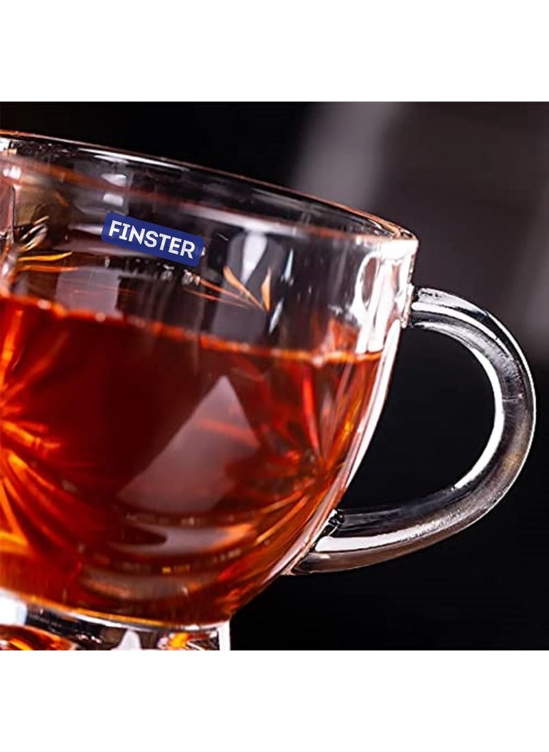 FINSTER Glass Tea Mugs Set of 6150ml Transparent Flower Design Coffee Cups with Handle for Cappuccino Latte Chia Iced Tea or Hot and Cold Beverages Perfect for Home Restaurants