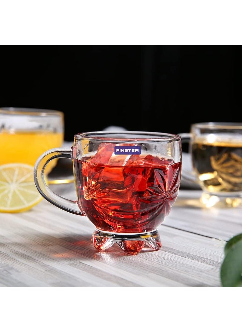 FINSTER Glass Tea Mugs Set of 6150ml Transparent Flower Design Coffee Cups with Handle for Cappuccino Latte Chia Iced Tea or Hot and Cold Beverages Perfect for Home Restaurants