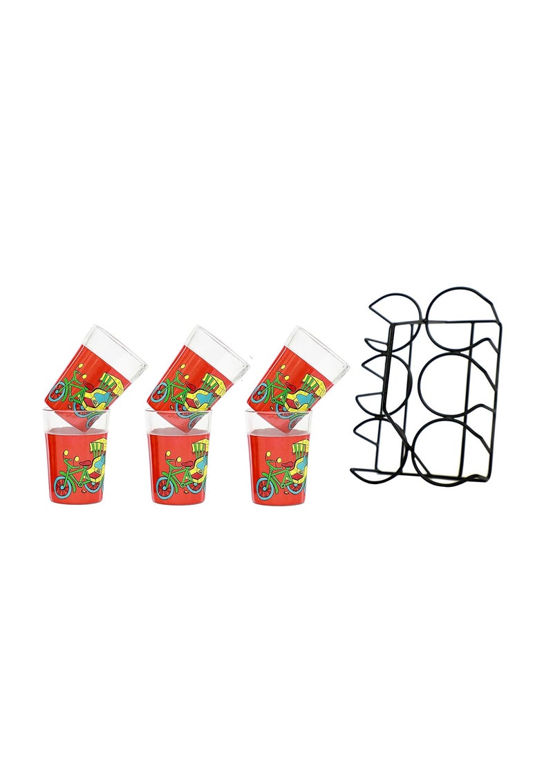A Krazy Mug Rickshaw Hand Painted Traditional Tapri Tea Glasses with Iron Container Stand Holder Red Set of 6 90ml