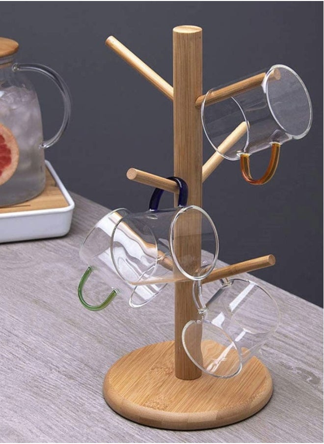 Bamboo Mug Holder Tree, 2 Pack Bamboo Mug Rack with 6 Hooks