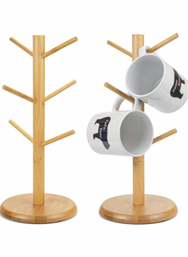 Bamboo Mug Holder Tree, 2 Pack Bamboo Mug Rack with 6 Hooks
