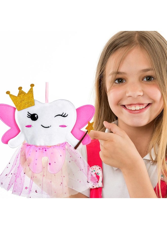 Breling Tooth Pillow Kit for Girls Teeth Gifts Pillow with Pocket Including Lost Teeth Holder Cute Dear Tooth Notepad Felt Keepsake Wallet Pouch to Hold Card Photography for Kids (Pink)