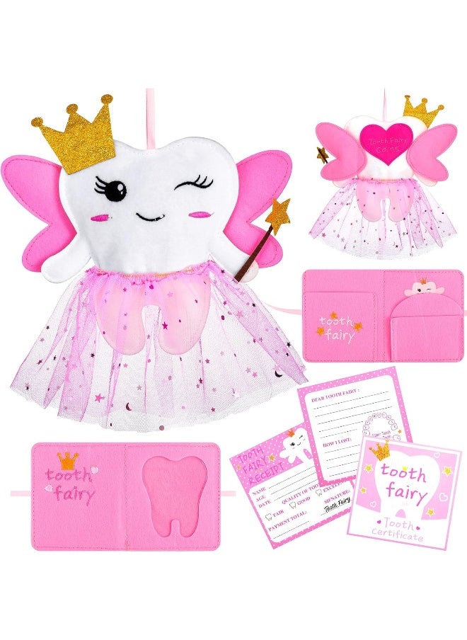 Breling Tooth Pillow Kit for Girls Teeth Gifts Pillow with Pocket Including Lost Teeth Holder Cute Dear Tooth Notepad Felt Keepsake Wallet Pouch to Hold Card Photography for Kids (Pink)