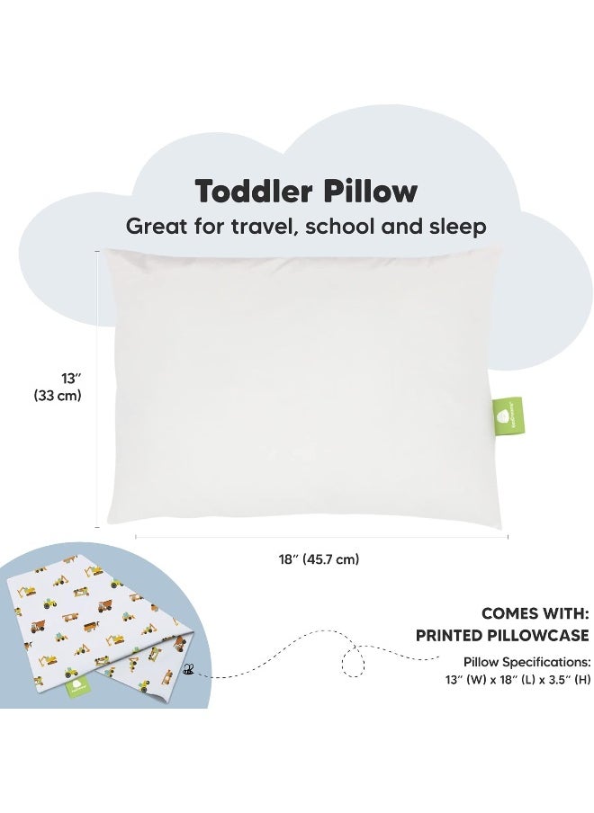 My Little Dreamy Toddler Pillow With Pillowcase - 13x18 Organic Cotton, for Sleeping, Kids, Travel, Mini, Nursery, Bed (Construction)