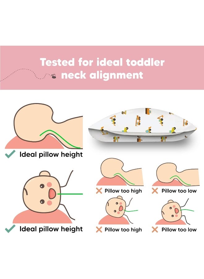My Little Dreamy Toddler Pillow With Pillowcase - 13x18 Organic Cotton, for Sleeping, Kids, Travel, Mini, Nursery, Bed (Construction)